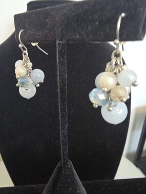 Chico's Cluster Drop Earrings in Pale Blue and Creamy Beige